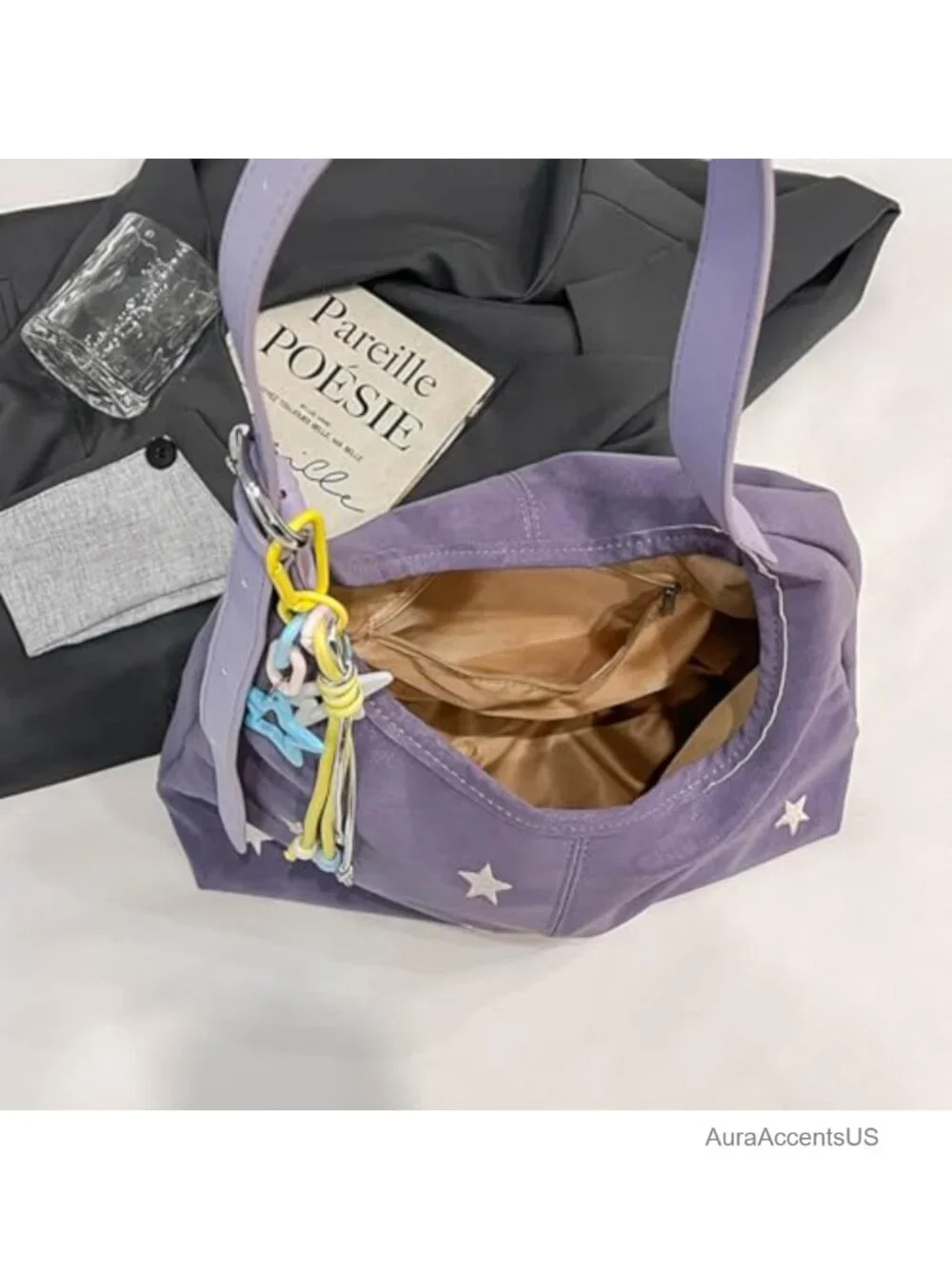 Soft Faux Leather Hobo Shoulder Crossbody Bag Star Embroidered Slouchy Y2k Tote